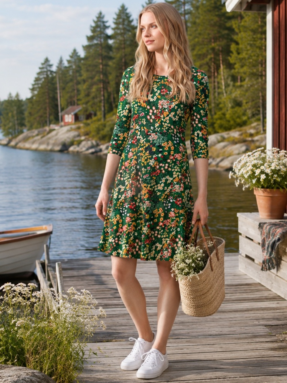 INDISKA Green Floral Meadow Dress Size Small Nordic Folk Scandinavian Swedish